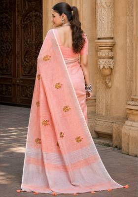 peach linen woven work traditional saree 2