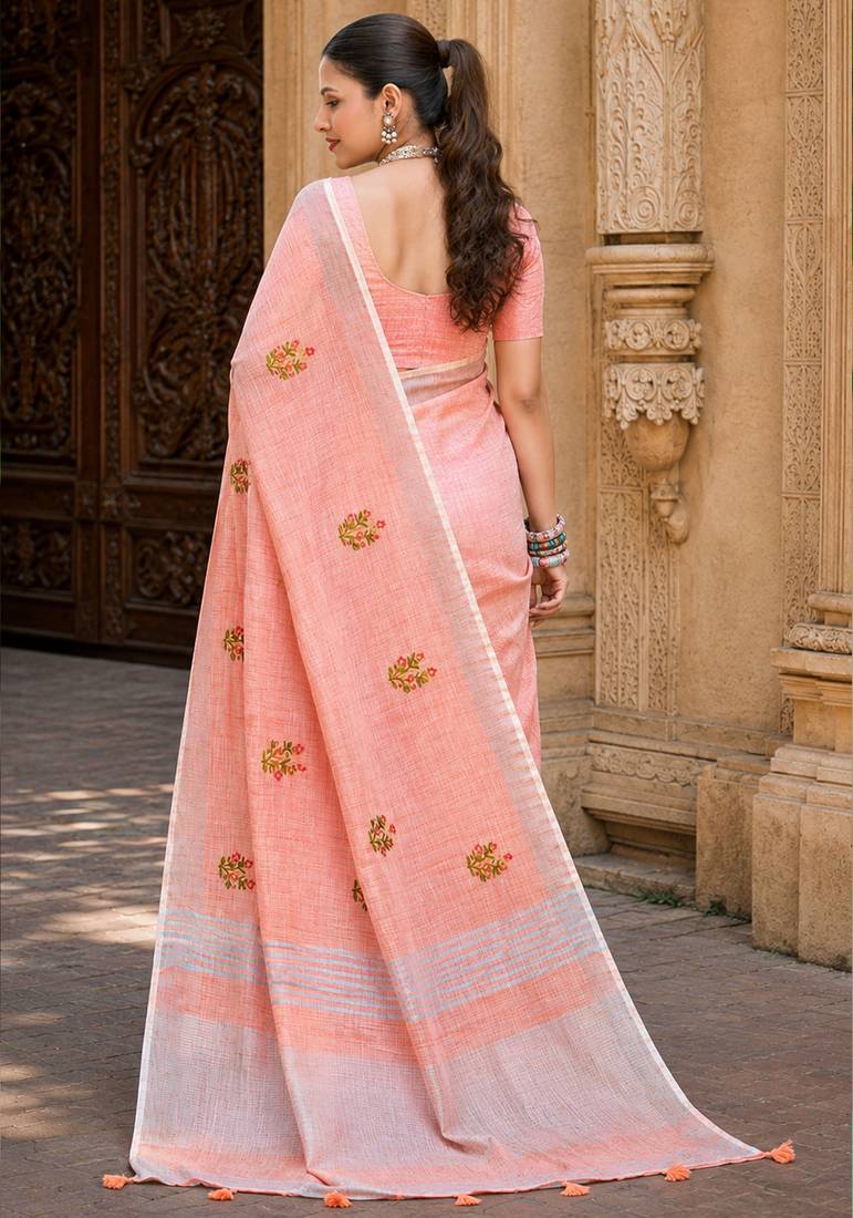 peach linen woven work traditional saree