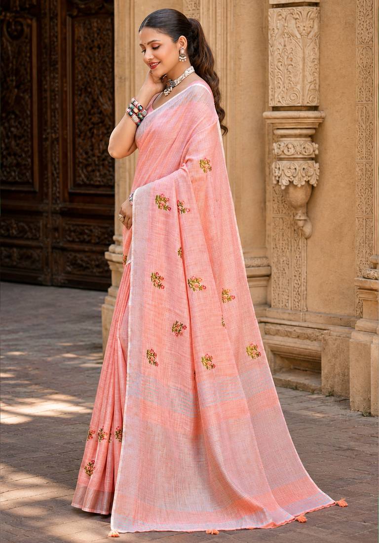 peach linen woven work traditional saree