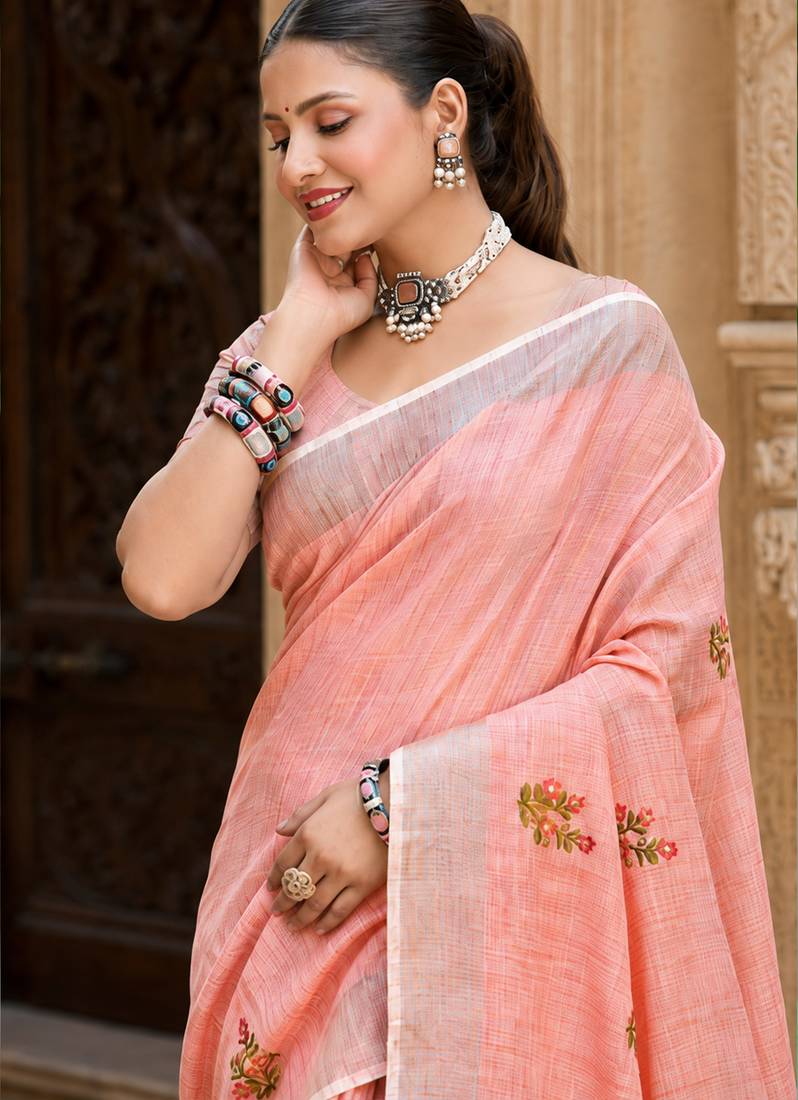 peach linen woven work traditional saree