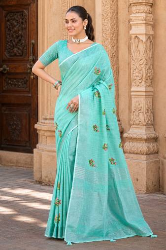 aqua blue linen woven work traditional saree