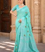 aqua blue linen woven work traditional saree