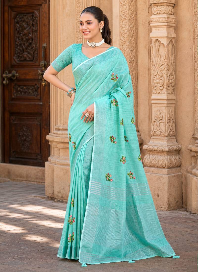aqua blue linen woven work traditional saree