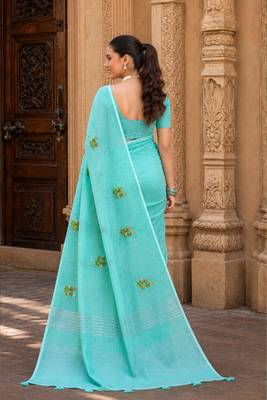 aqua blue linen woven work traditional saree 2