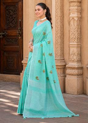 aqua blue linen woven work traditional saree 3