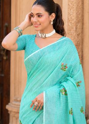 aqua blue linen woven work traditional saree 4