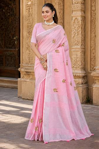 pink linen woven work traditional saree