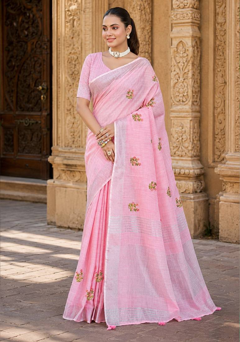 pink linen woven work traditional saree