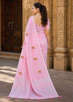 pink linen woven work traditional saree 2