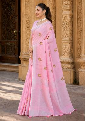 pink linen woven work traditional saree 3