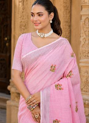 pink linen woven work traditional saree 4