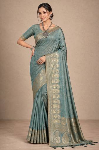 teal assam silk blend woven work traditional saree