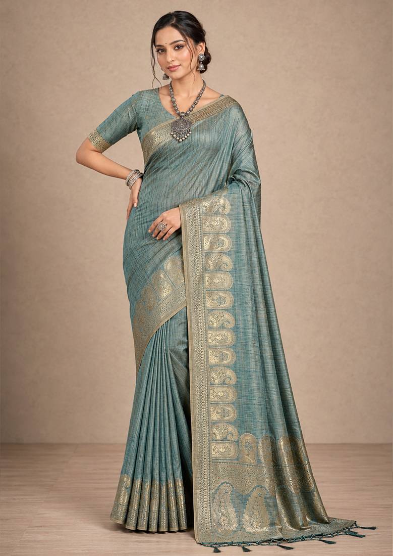 teal assam silk blend woven work traditional saree