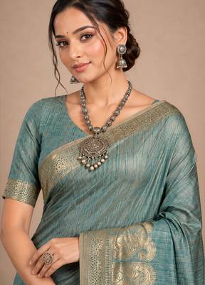 teal assam silk blend woven work traditional saree 4