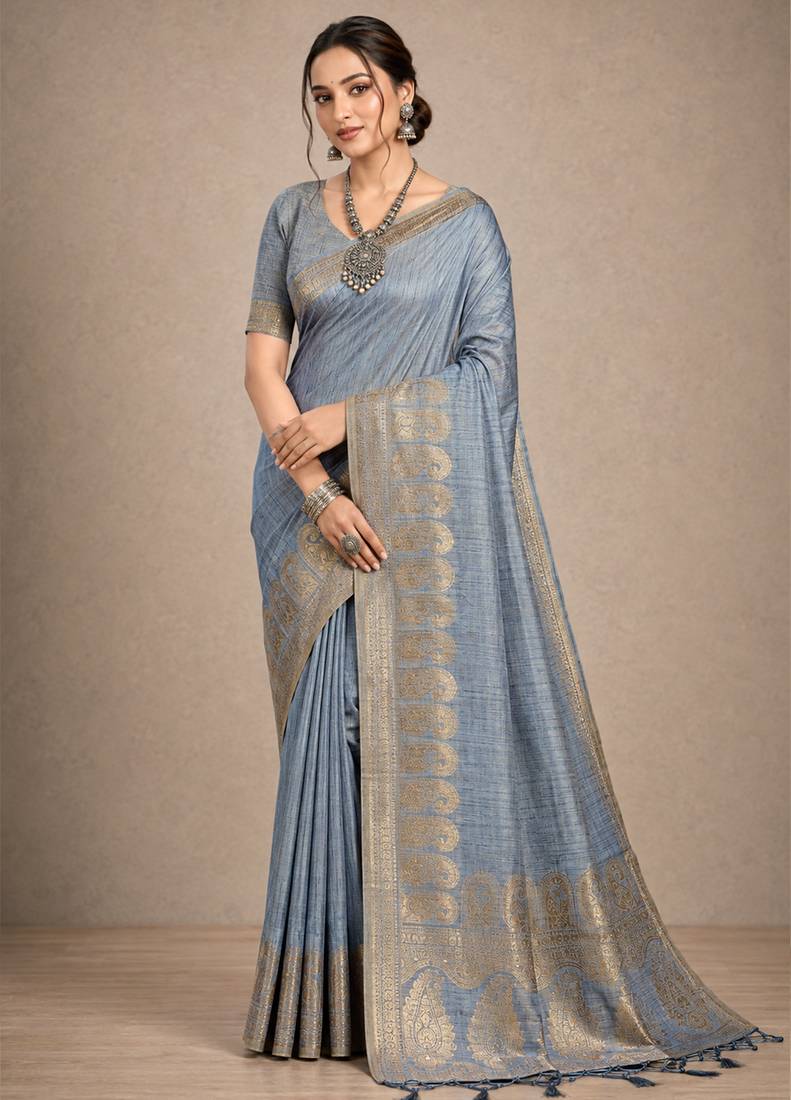 grey assam silk blend woven work traditional saree