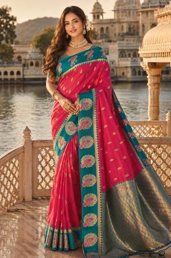 dark pink silk blend woven work traditional saree