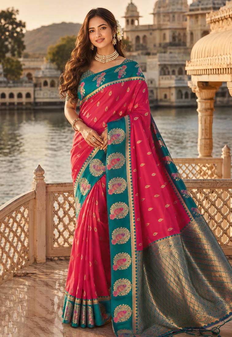 dark pink silk blend woven work traditional saree