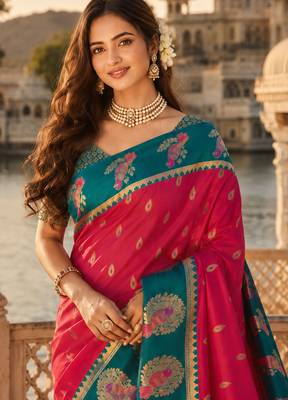 dark pink silk blend woven work traditional saree 2