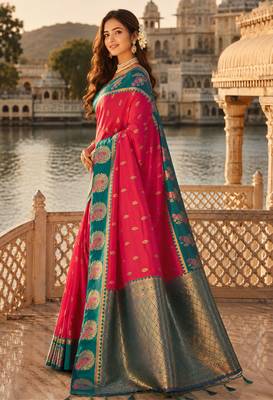 dark pink silk blend woven work traditional saree 3