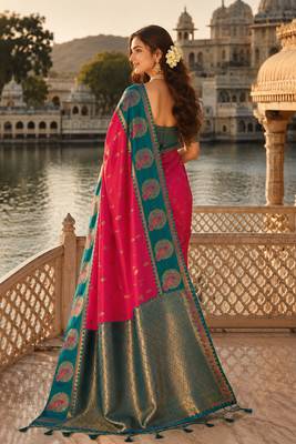 dark pink silk blend woven work traditional saree 4