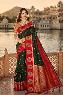 dark green silk blend woven work traditional saree 1