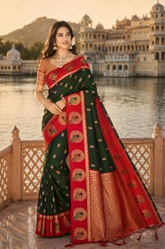 dark green silk blend woven work traditional saree