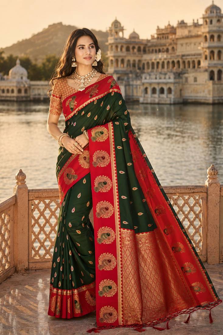 dark green silk blend woven work traditional saree