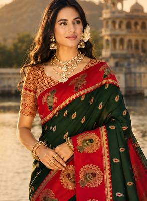 dark green silk blend woven work traditional saree 2