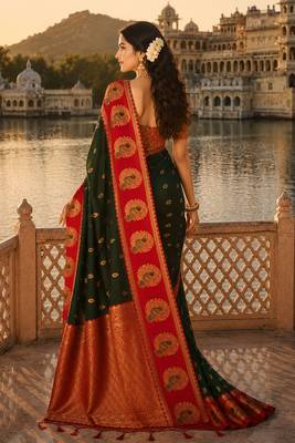 dark green silk blend woven work traditional saree 4