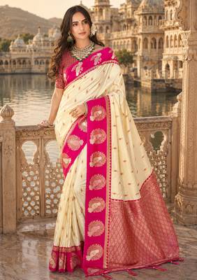 beige silk blend woven work traditional saree 1