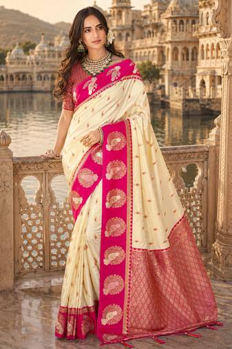 beige silk blend woven work traditional saree