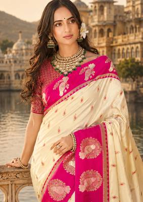beige silk blend woven work traditional saree 2