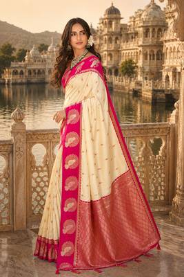beige silk blend woven work traditional saree 3