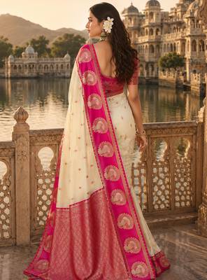 beige silk blend woven work traditional saree 4