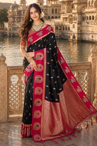 black silk blend woven work traditional saree