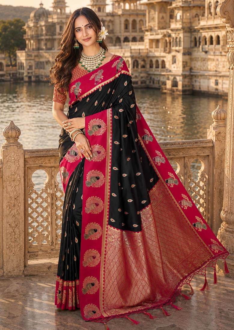 black silk blend woven work traditional saree
