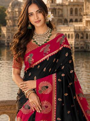 black silk blend woven work traditional saree 2