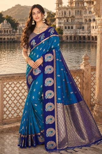 blue silk blend woven work traditional saree