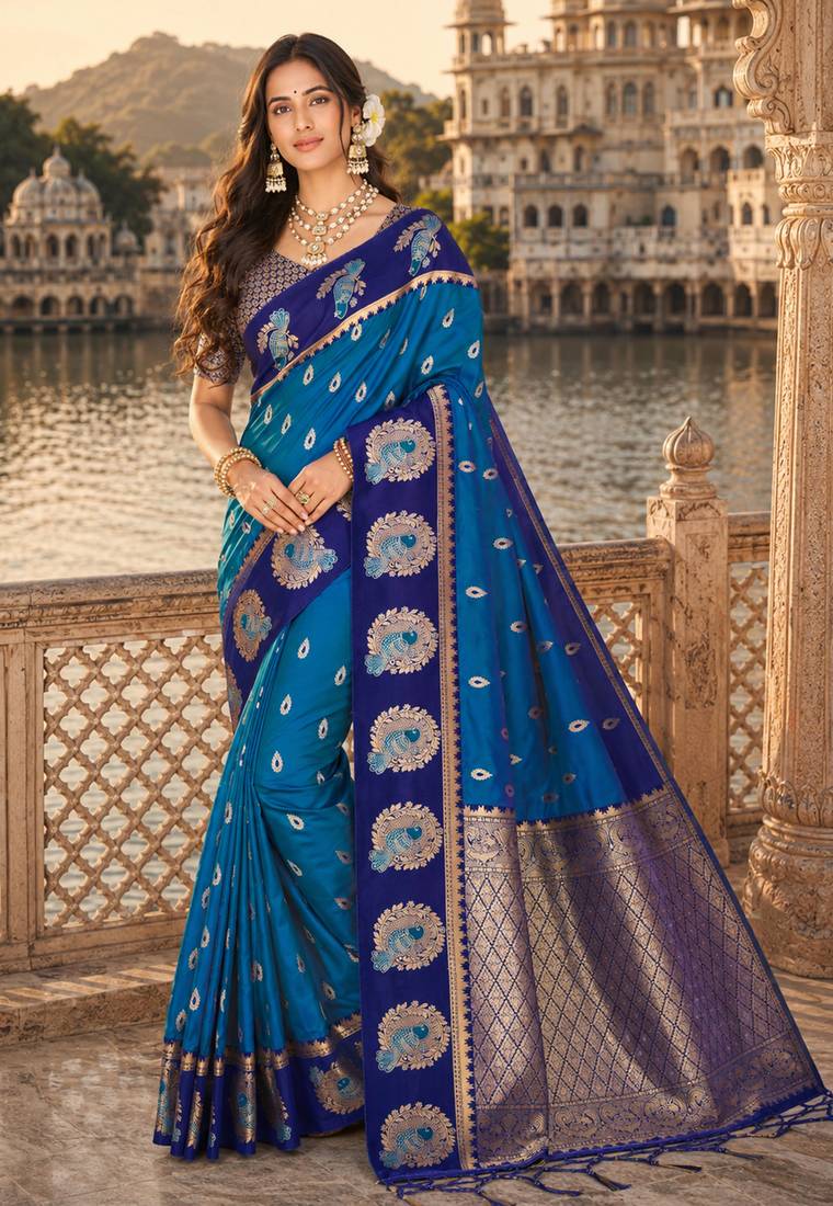 blue silk blend woven work traditional saree