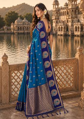 blue silk blend woven work traditional saree 3