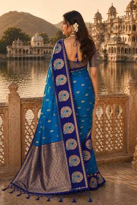 blue silk blend woven work traditional saree 4