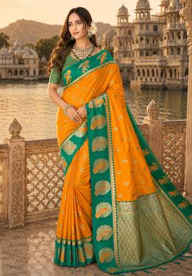 yellow silk blend woven work traditional saree 1