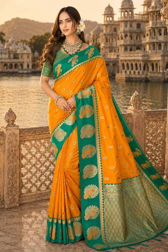 yellow silk blend woven work traditional saree
