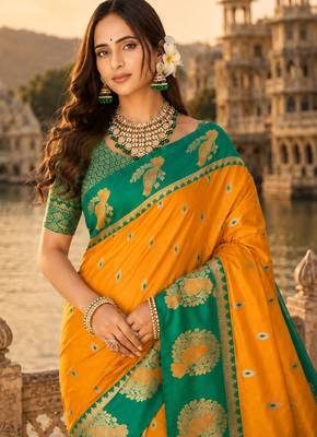 yellow silk blend woven work traditional saree 2