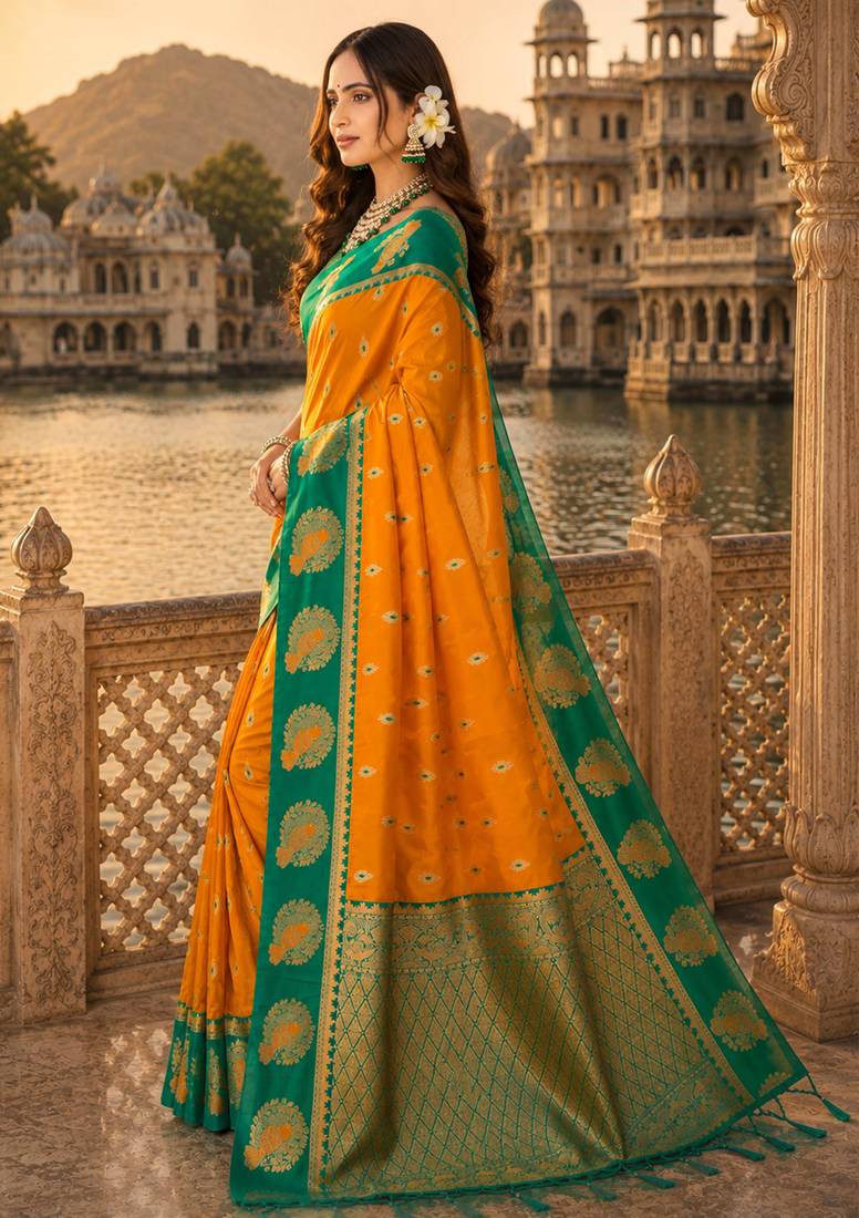 yellow silk blend woven work traditional saree
