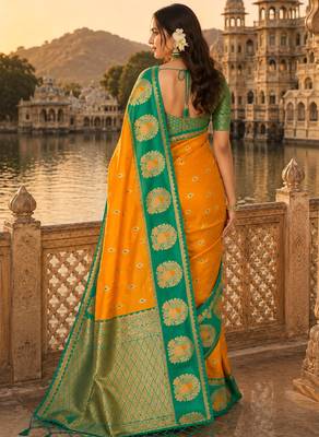 yellow silk blend woven work traditional saree 4