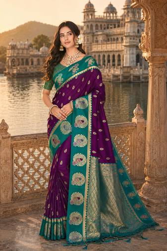 wine silk blend woven work traditional saree