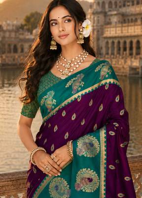 wine silk blend woven work traditional saree 2