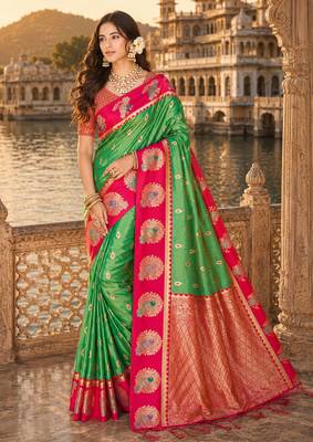 green silk blend woven work traditional saree 1