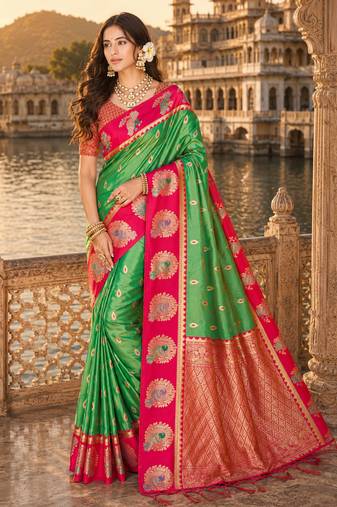 green silk blend woven work traditional saree